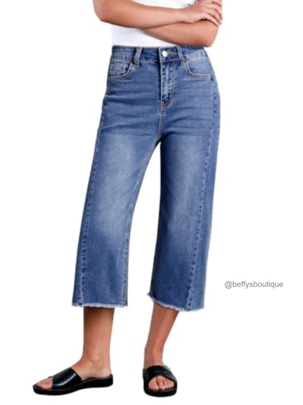 High Waisted Wide Leg Capri Jeans Stretchy Raw Hem Denim Pants